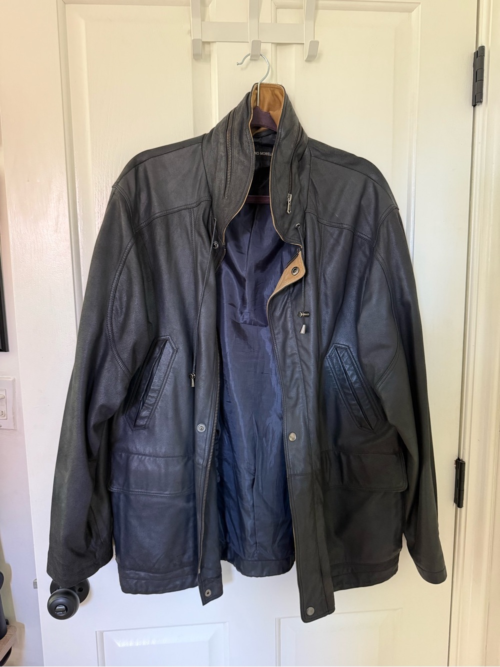 Men's Navy Blue Leather Jacket - Classic Zip & Snap Closure